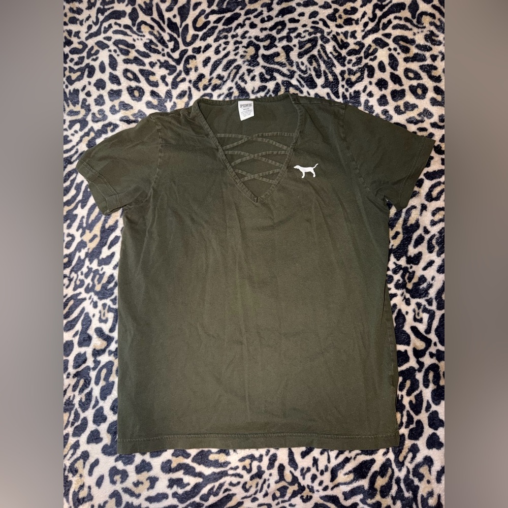 PINK Victoria's Secret Dark Green Crisscross Tee